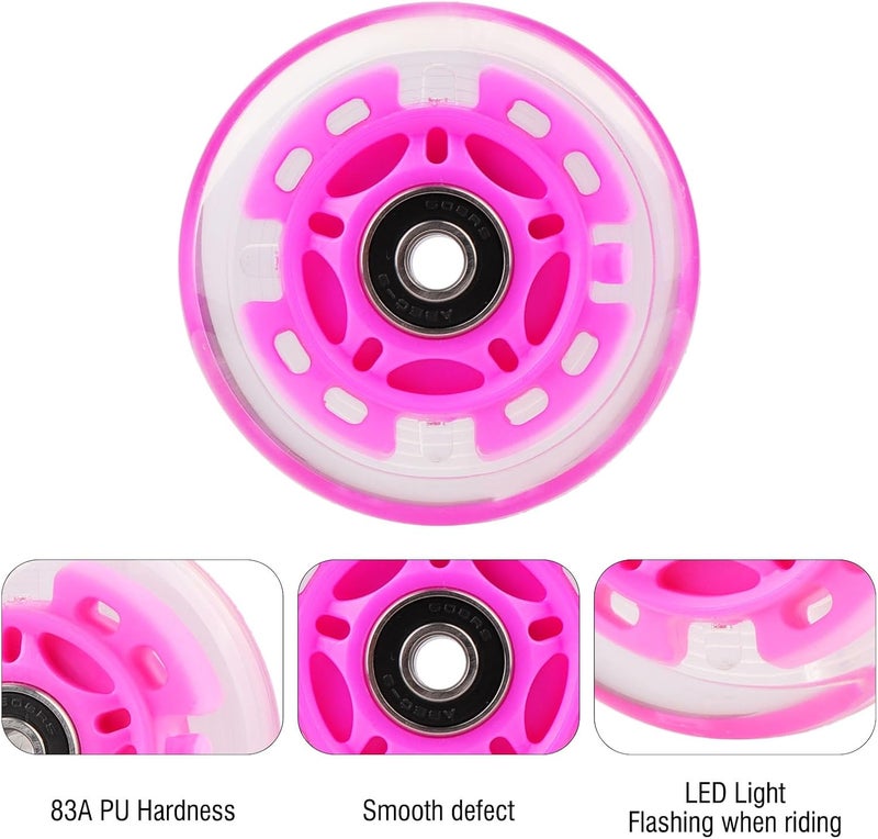 WHEELGOO 4-Pack PU Inline Skate Wheels Flashing Wheels Replacement w/Bushings for Kids Youth Children's Roller Skates (Pink, 76mm) - Image 3